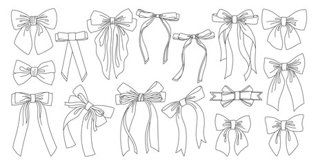 Ribbon bows hand drawn linear set. Trendy elegant outline bow for celebrations Valentines Day, wedding or birthday decoration. Various cartoon knot gift tape ribbon hair accessory vector illustration
