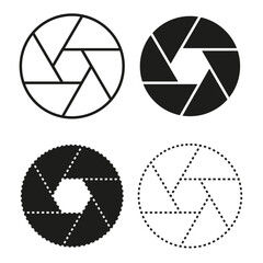 Set of vector camera shutter icons. Black and white aperture illustrations. Photography symbol collection. Diverse focus diaphragm designs.