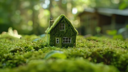 green macro house with moss texture on moss surface
