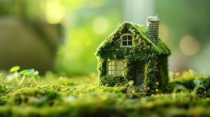 green macro house with moss texture on moss surface