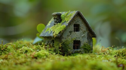 Fototapeta na wymiar green macro house with moss texture on moss surface
