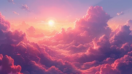 Pink sky and gentle clouds, romantic sunset background, AI Generative