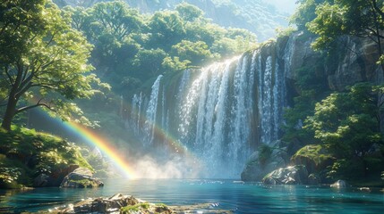 Vibrant waterfall cascading into crystal pool, rainbow arching overhead, jungle teeming with wildlife, lush, AI Generative