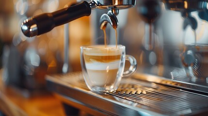 In a cafe, a barista at a steel espresso machine is pouring steaming coffee into a glass, topped with frothy crema and foam.