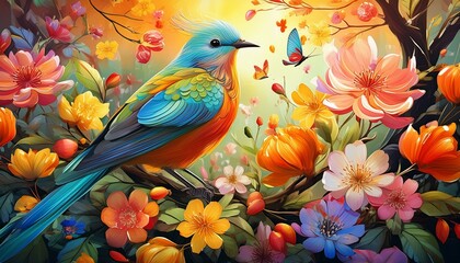 a stunning digital artwork featuring Leke adorned with colorful birds and delicate flowers, capturing the essence of beauty and nature."