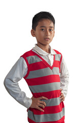 an indonesian 10 years old boy wearing red stripe sweater with confidence arm pose