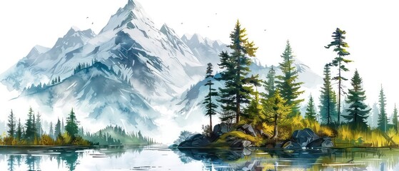 mountain with trees and water,  watercolor painting, white background