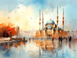 Naklejka premium Ai Generative Watercolor Islamic background of a mosque