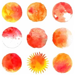 sun watercolor stains, orange red yellow circle, flaming crown