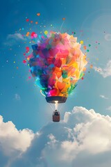 Bold Imagination Takes Flight Vibrant Light Bulb Balloon Soars Through Dreamlike Skies