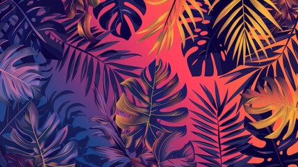 Seamless pattern of tropical leaves against a bright sunset gradient