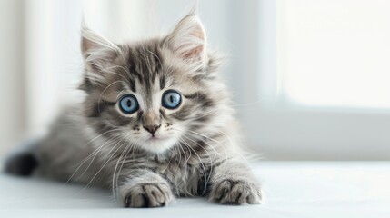 Cute long-haired gray kitten with beautiful big blue eyes Ai generated