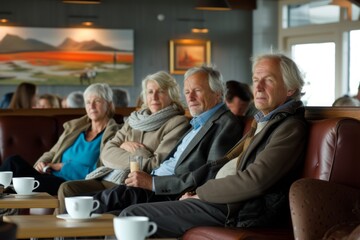 Group of senior people sitting in the lobby of a restaurant, drinking coffee and talking