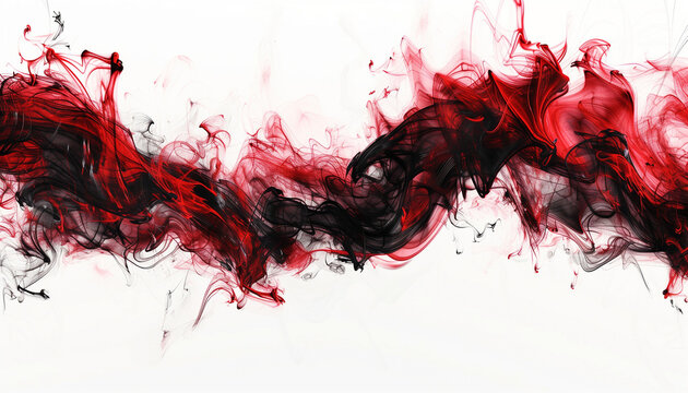 abstract background, thick line of black and red smoke like clouds of ink on a white background, wide 16:9