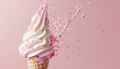 An ice cream cone with multiple scoops of pink and white swirls, the right side being exploding in pieces against a pastel background. Studio lighting - Powered by Adobe
