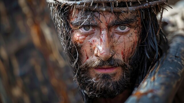 Jesus carries a cross up the hill of Golgotha, His burden heavy but His spirit unbroken.