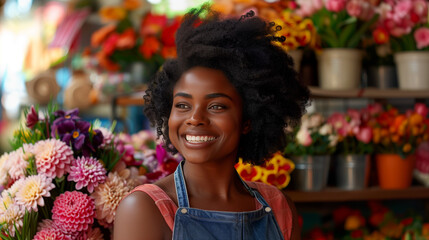 A smiling woman with a bouquet of flowers in a shop, colorful bloom background, concept of happiness at work. Generative AI