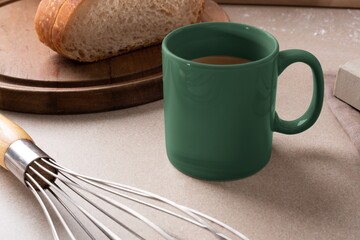 Aesthetic coffee mug, kitchen counter with blank design space