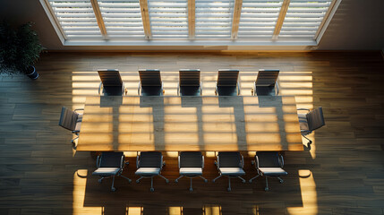 A conference room with a long table and chairs, top view, sunlight casting shadows, concept of a meeting. Generative AI
