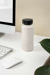 White thermal water bottle, product with blank design space