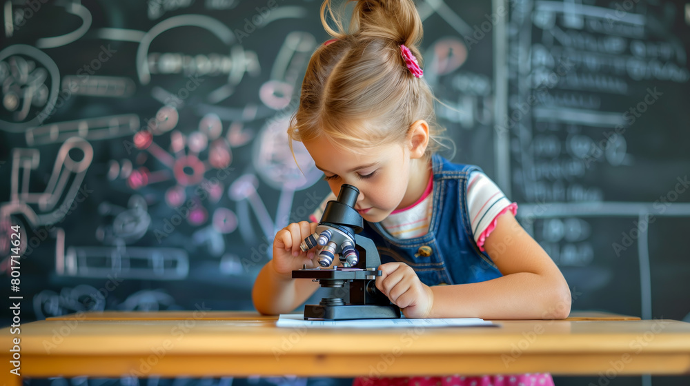 Wall mural A young girl using a microscope for study in a classroom, sharp focus on learning and education, Generative AI