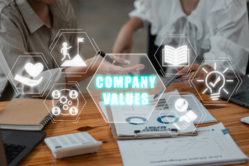 Company values concept, Business team analyzing income charts and graphs on office desk with...