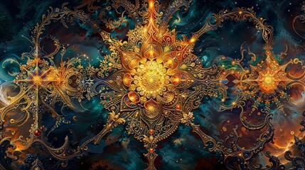 Intricate Golden Mandala on Cosmic Swirl Background