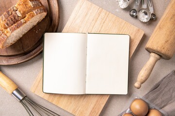 Cookbook journal, open book, chef’s essential with blank space