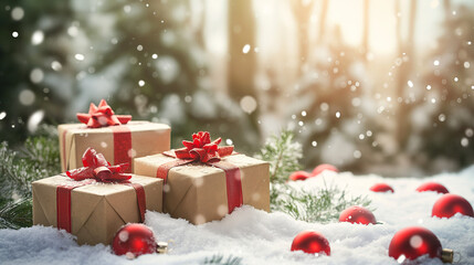 Gifts on the snow among fir trees, joy of giving