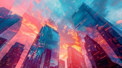 Futuristic Cityscape with Dynamic Skyscrapers and Neon Sky