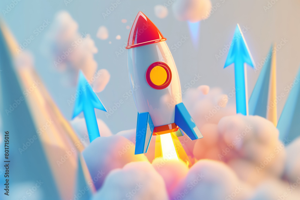 Poster a vibrant rocket launch image representing business startup concept on a blue sky background with fl