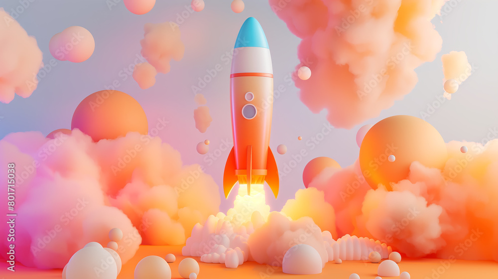 Poster a stylized rocket launching surrounded by clouds on a colorful background, representing a business s