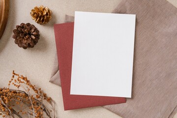 Blank festive card, flat lay design