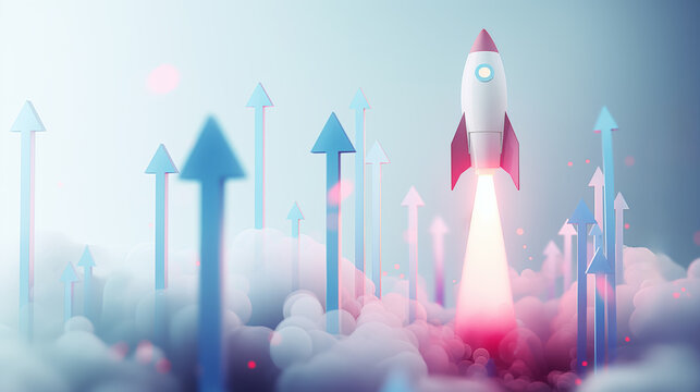 A rocket launching among upward arrows over clouds, digital art, on a soft blue background, evoking startup growth concept. Generative AI
