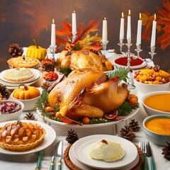 A festive Thanksgiving dinner spread showcases a roasted turkey at the center and diverse plates around it