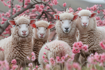 Obraz premium Flock of Woolly Sheep Gathered Under Flowering Cherry Tree in Springtime Countryside