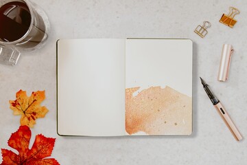 Notebook flat lay design, autumn vibes decoration