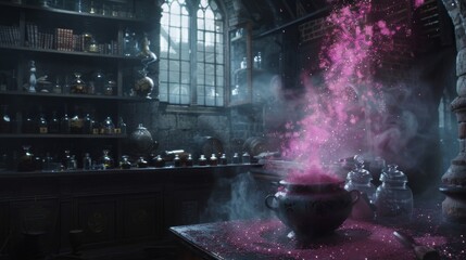 Obraz premium A potion master concocting a love potion in a secluded tower with shelves lined with mysterious ingredients and a bubbling cauldron . .