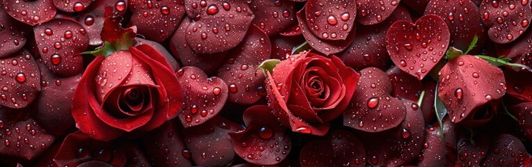 Romantic Red Roses Bouquet with Hearts and Gift Boxes on Wedding and Valentine's Day Background with Water Drops and Petals