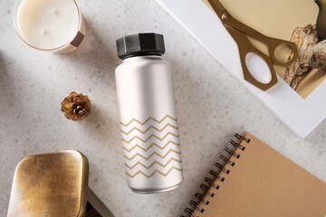 Silver thermal water bottle, product with blank design space