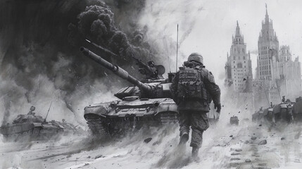 A pencil and charcoal shading of a modern tank with soldier , soldier with his squad , in battle for liberty, with their equipment , total war explosion in front of city.