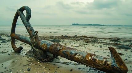 A weathered anchor rests on the sandy beach, surrounded by the gentle lapping of water. Nearby, a vibrant plant adds a touch of life to the serene scene AIG50