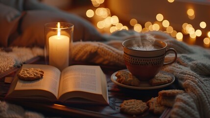 A closeup shot of a candlelit tray with a book propped open a mug of steaming tea and a plate of homemade cookies.