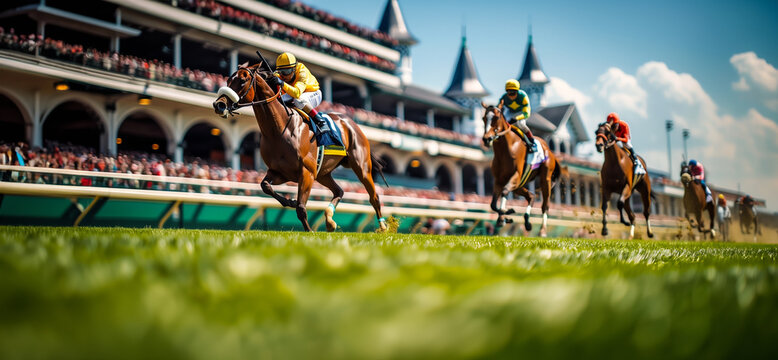 Horse racing or derby jockey riding a horse during a race in front of the main stand. Hand edited generative AI.
- Powered by Adobe