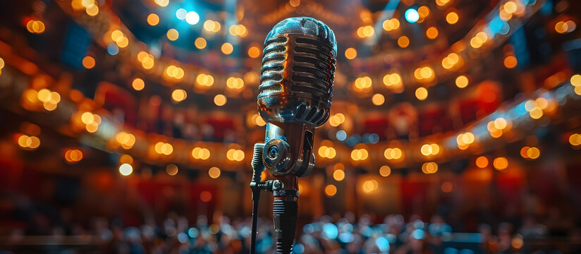 Microphone Capturing the Majestic Symphony Orchestra Performance on the Illuminated Stage of a Prestigious Concert Hall