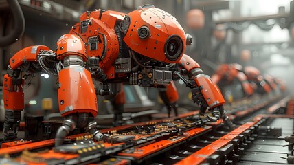 Fototapeta premium A set of futuristic robots in a high-tech industrial setting, showcasing advanced robotics, automation, and cutting-edge technology in a factory environment. 
