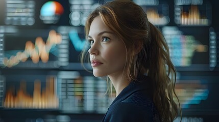 Young Caucasian woman in a dark blazer, looking thoughtful in a high-tech control room filled with glowing screens displaying various data.
