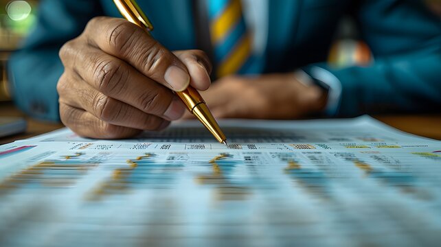 Senior African American businessman analyzing financial documents with a gold pen in a well-lit office environment.
