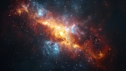Obraz premium Vivid image of a galaxy with swirling clouds of dust and gas, glowing stars, and vibrant colors of orange, blue, and red, set against the darkness of space.