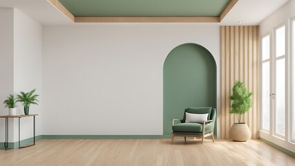  Mockup wall living room with green armchair on empty white wall background- 3D rendering 